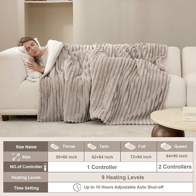 Hansleep Heated Blanket Electric Blanket Throw, Heating Blanket with 9 Heating Levels and 10-Hour Timer Auto Shut Off, Washable Soft Warm Winter Blanket, 50 x 60 Inches, Linen