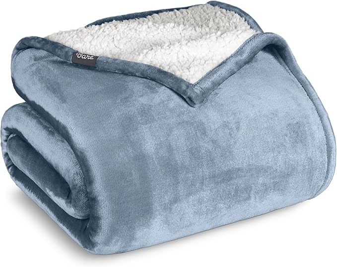 Bare Home Sherpa Fleece Blanket - Full/Queen Size - Blanket for Bed, Sofa, and Couch - Warm & Lightweight - Fluffy & Soft - Reversible (Full/Queen, Dusty Blue)