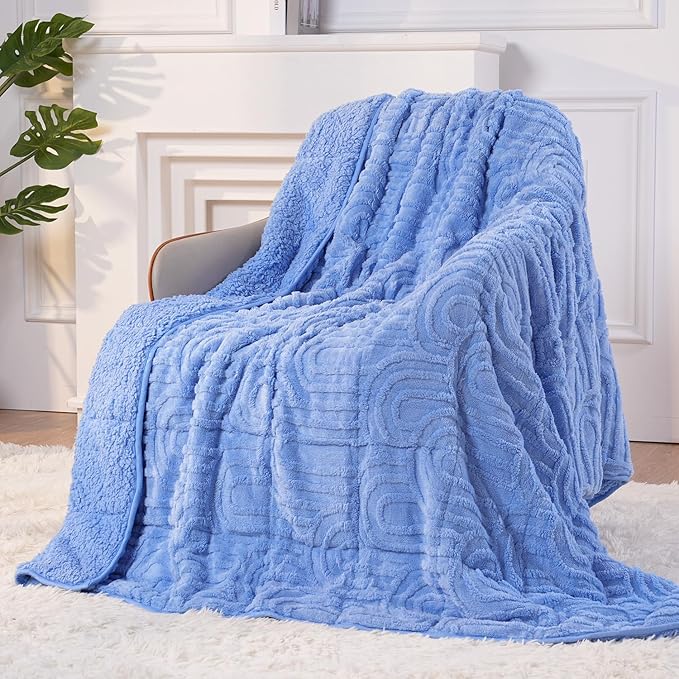 Sherpa Fleece Adult Weighted Blanket Great for Sleep, 20 lbs Dual Sided Soft Fuzzy Heavy Blankets for Couch Bed Sofa, Cozy Warm Fluffy Arched Jacquard Throw for Winter (Blue, 60" x 80", 20 Pounds)