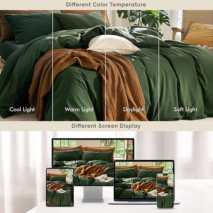 MooMee Bedding Duvet Cover Set 100% Washed Cotton Linen Like Textured Breathable Durable Soft Comfy (Solid Forest Green, King 104"x90")