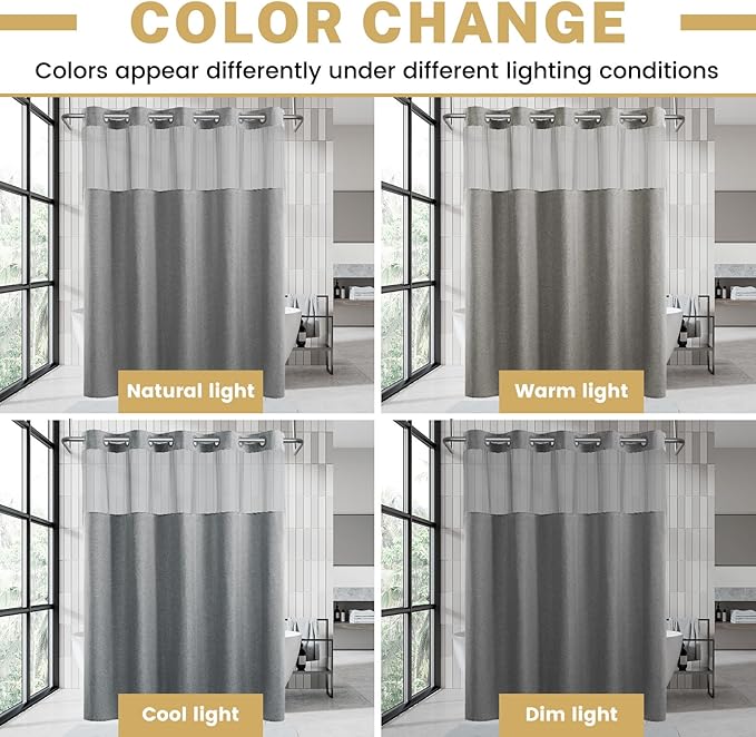 Small No Hook Shower Curtain with Snap in Liner, Polyester Textured Shower Curtain with Liner Set, Waterproof Washable Hotel Style Shower Curtains for Bathroom, 54Wx80H, Grey