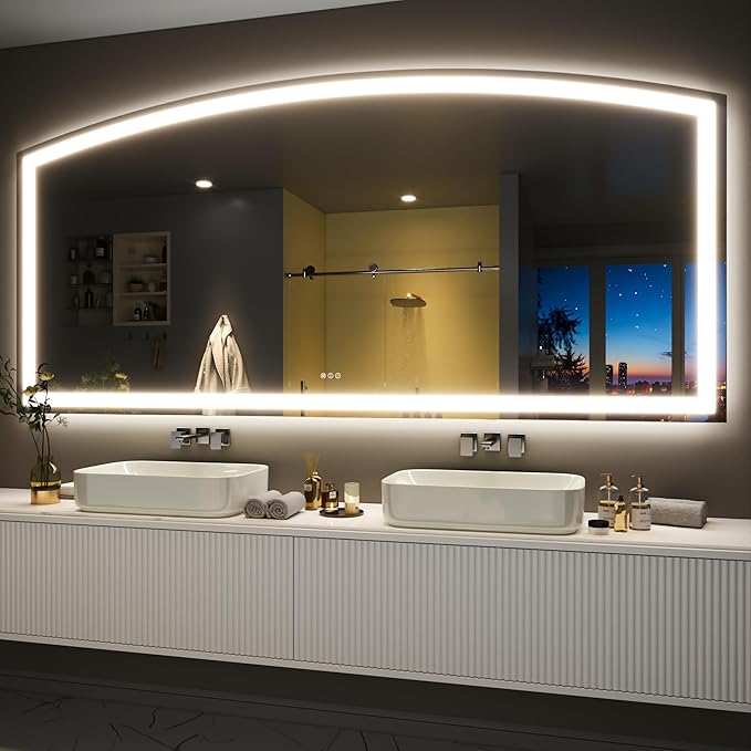 Hasipu 84x40 Inch LED Bathroom Mirror Arch Vanity Mirror with Lights Frontlit Smart Touch Sensor Dimmable 3 Colors Temperature Shatterproof Wall-Mounted Vanity Mirror Metal Frame
