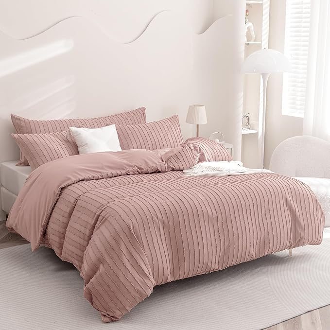 JELLYMONI Duvet Cover Twin Size Smokey Pink - 3PCS Boho Striped Duvet Cover Set Polyester Tufted Bohemian Textured Comforter Cover 68×90in with Corner Ties & Zipper and 2 Pillowcases