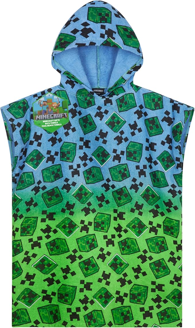Minecraft Towelling Poncho Kids Teens Hooded Bath Towels Absorbent Beach Towel (Multi, 10-13 Years)