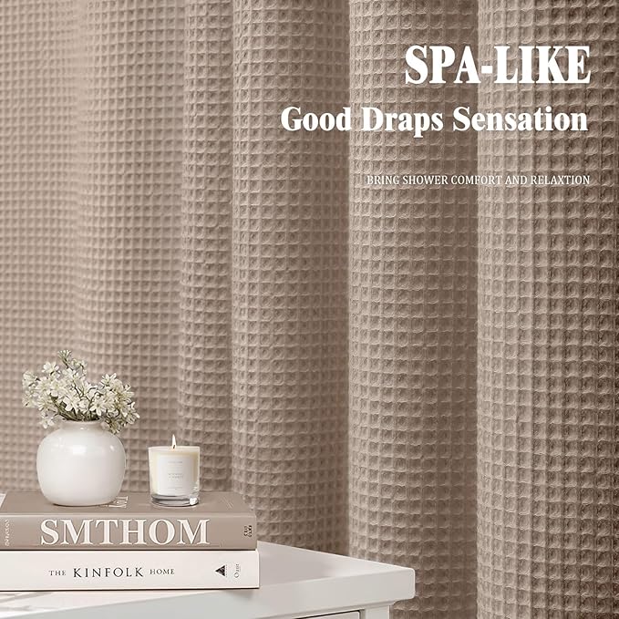 Extra Long Waffle Shower Curtain - Beige Cotton Texture Fabric Heavyweight Shower Curtain for Bathroom,72Wx90L