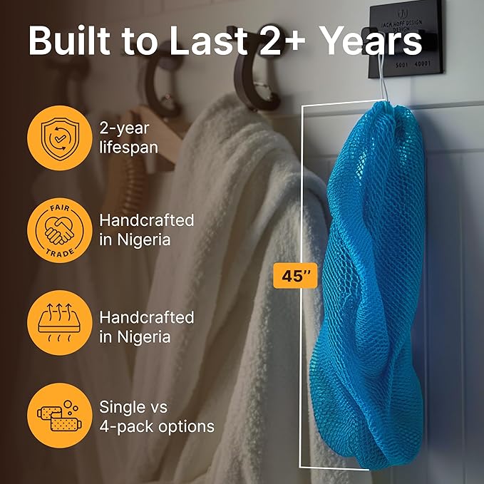 Nubiana African Net Sponge Authentic - 45 Inch Exfoliating Body Sponge from Nigeria - Natural Bath Sponge for Smooth Soft Skin - Long Lasting Quick-Drying - Single Pack (Sky Blue)