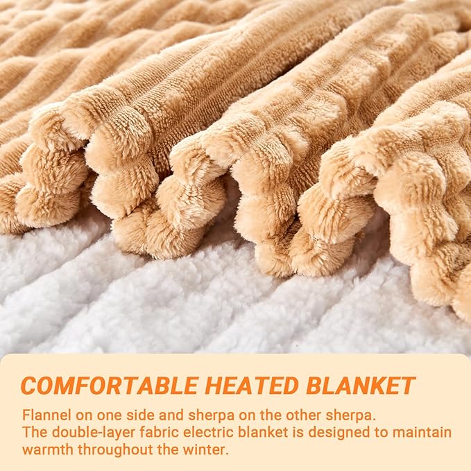 Heated Blanket Electric Full, Soft Flannel Heating Blanket with 8 Hours Auto Off 10 Fast Heating Levels Machine Washable Sherpa Heated Blanket with Overheating Protection