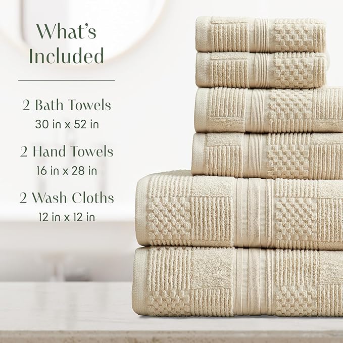 Springtree Home 100% Cotton Bathroom Towel Set | 6 Piece Set - Beige Towels | Geometric Textured Design | Absorbent & Quick-Dry | Oeko-TEX® Standard 100 Cotton | Myla Collection - Sandshell