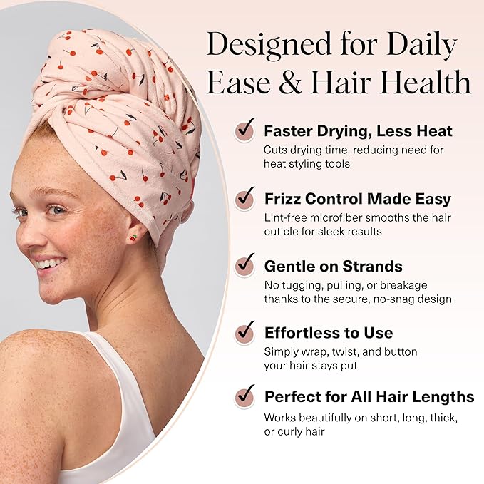 Kitsch XL Microfiber Hair Towel Wrap for Women – Ultra Absorbent Microfiber Towel for Wet, Curly, Long or Short Hair – Quick Dry, Anti-Frizz Hair Wrap – Cherry Print, 40x24 inches