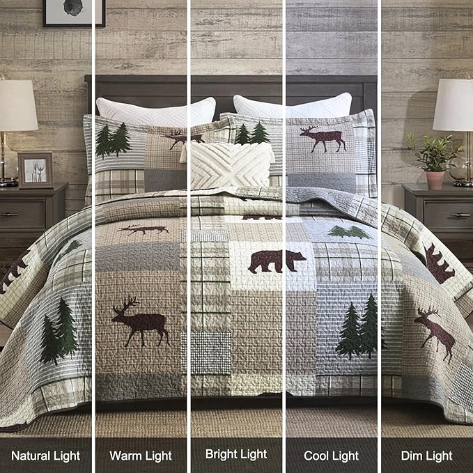 Uniclinens Quilt Set Queen Size, Cotton Quilted Quilt Bedding Set Bedspread, Bear Tree Elk Farmhouse Rustic Quilt, Patchwork Plaid Comforter Set, 3 Pieces Set with 2 Pillowshams, Brown/Grey/Green