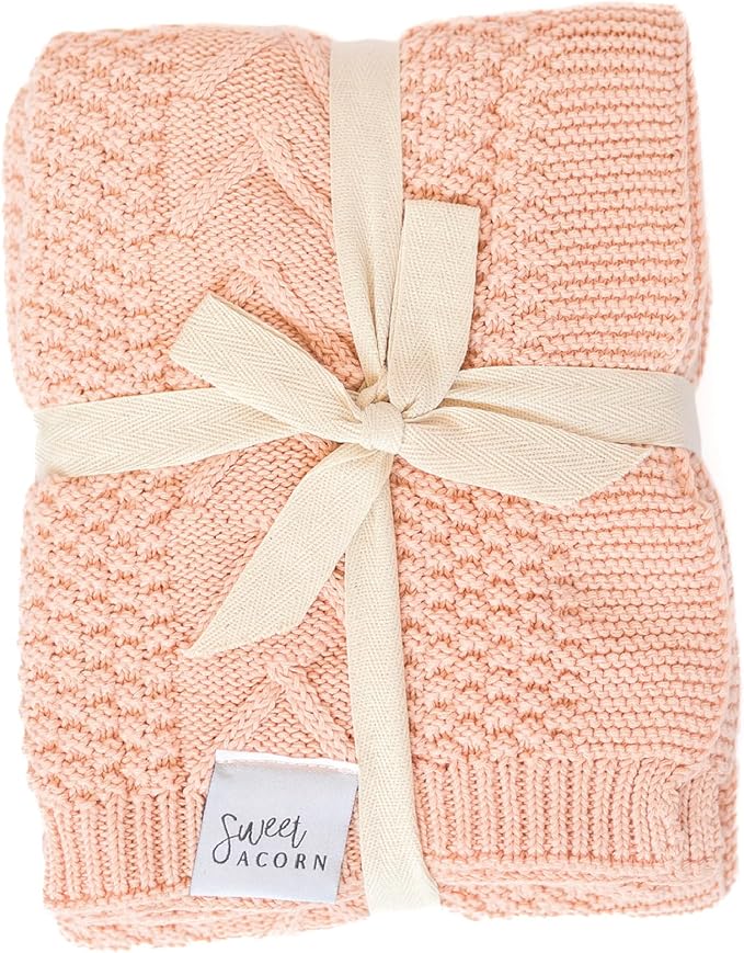 Knit Baby Blanket in Cable Pattern, Organic Cotton Blankets for Crib or Stroller, Receiving Blankets - Dahlia Pink