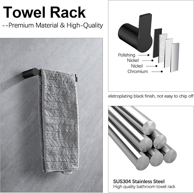 4-Pieces Bathroom Accessories Set, Matte Black Towel Bar Set Modern Stainless Steel Towel Rack Towel Hooks Toilet Paper Holder for Bathroom Wall Mounted, 16 Inch