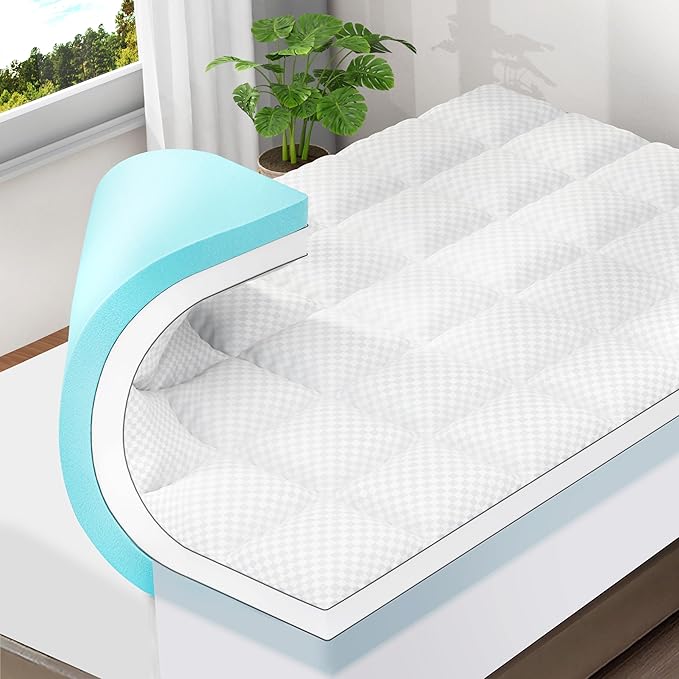 OLANLY Dual-Layer 4 Inch Twin XL Size Memory Foam Mattress Topper for College Dorm Room Essentials, 2 Inch Gel Memory Foam Topper, 2 Inch Cooling Pillow Top Mattress Pad Cover, White
