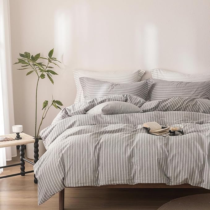 Stripe Duvet Cover King Size 104inch x 90inch, 100% Washed Cotton Linen Feel Duvet Cover, Pinstripe Duvet Cover with Zipper Closure and 2 Pillowcases, Color of Grey and White Stripe