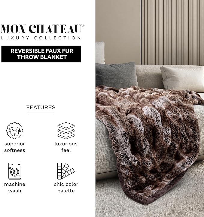 Mon Chateau 60" x 70" Reverie Faux Fur Throw, Reversible Soft Blanket for Queen-Size Bed, Couch, or Sofa, Cozy Home Decor and Stylish Living Room Comfort, Cedarwood Ruched