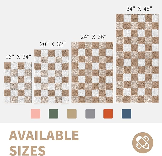 CozeCube Bath mats for Bathroom Non Slip, Fluffy Absorbent Microfiber Bath mat Washable, Aesthetic Bathroom Rugs, Long Beige Checkered Bath mat, Beige, 47" x 24"