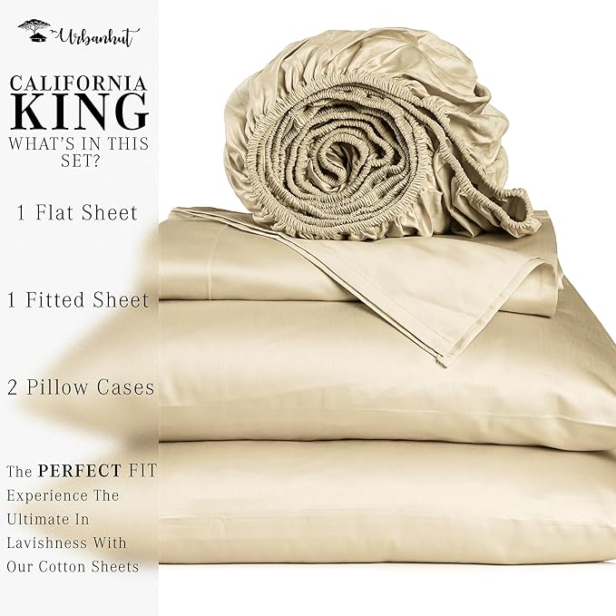 URBANHUT 100% Cotton Sheets - 1000 Thread Count California King Sand Sheet Set (4Pc), Long Staple Cotton Sheets, All Season Sateen Weave, Luxury Hotel Calking Bedsheets,16" Deep Pocket - Sand