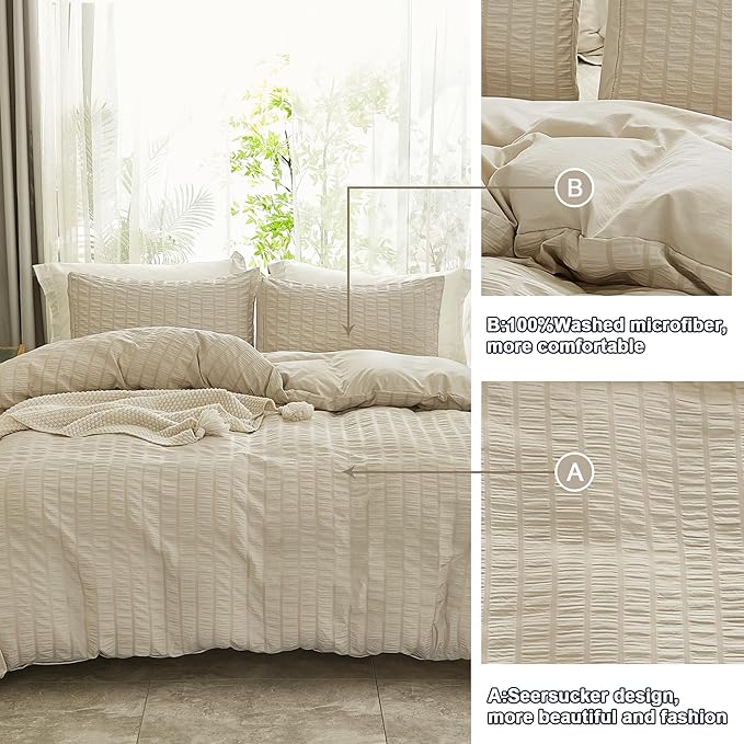 AveLom Beige Seersucker Duvet Cover Set Full Size (80 x 90 inches), 3 Pieces (1 Duvet Cover + 2 Pillow Cases), Ultra Soft Washed Microfiber, Textured Duvet Cover with Zipper Closure, Corner Ties