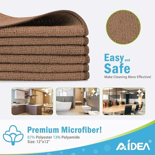 AIDEA Microfiber Cleaning Cloth-12PK, Soft Microfiber Towels for Cars, Absorbent Cleaning Rags, Lint-Free Streak-Free Wash Cloths for House, Kitchen, Window(12in.x12in), Brown