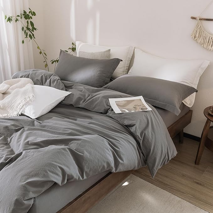 100% Washed Cotton Duvet Cover Super Queen Size Dark Grey Bedding Set Cover 1 Duvet Cover with Zipper Closure and 2 Pillowcases, 98inch x 90inch