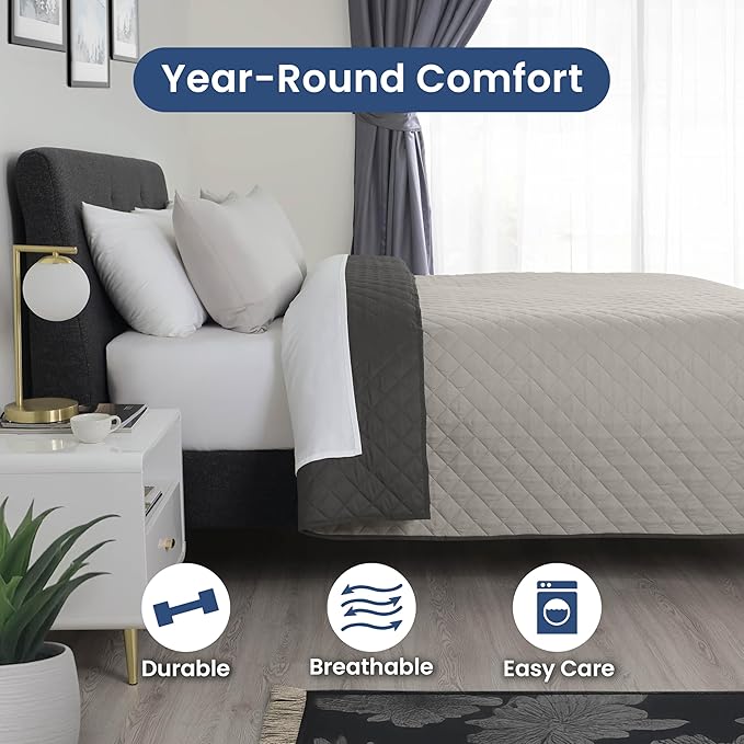 Martex Reversible Coverlet – King Bed Quilt – Lightweight King Size Bedding – Durable King Size Quilts for Bed – Soft - Easy Care Bedding – Light Gray/Graphite