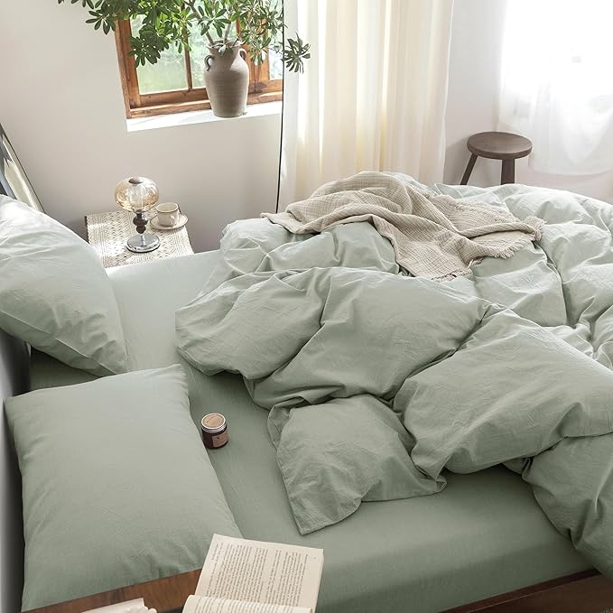 FOSSA Duvet Cover Set 100% Washed Cotton Linen Feel Super Soft Breathable Cozy 3 Pieces Bedding Sets Solid Sage Green Oversized Queen