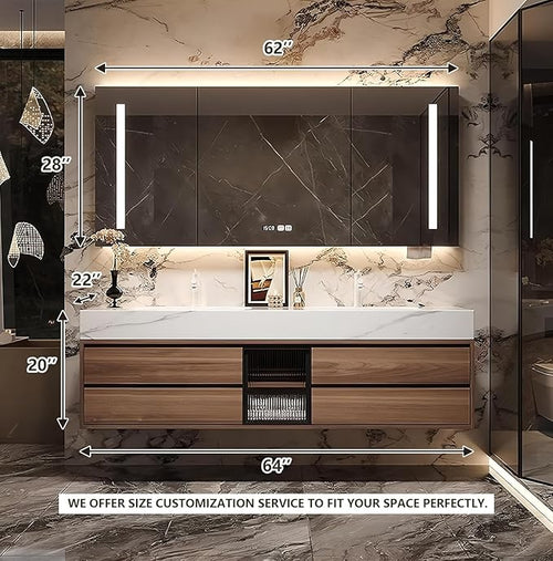 64IN Bathroom Vanity with Double Sink, Modern Bathroom Vanity with LED Smart Defog Mirror Cabinet & Integrated Ceramic Sink, Floating Vanities with Drawers and Glass Cabinet Door (Walnut)