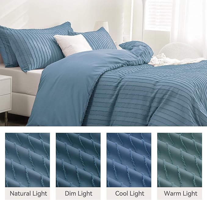 JELLYMONI Duvet Cover King Size Blue - 3PCS Boho Striped Duvet Cover Set Polyester Tufted Bohemian Textured Comforter Cover with Corner Ties & Zipper Closure