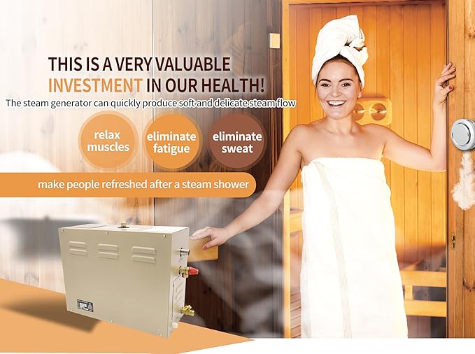 Steam shower generator,9kw Household-Commercial,Steam shower generator kit,with self-draining system,Temperature adjustable 95-131°F,Applicable space 315～350ft3