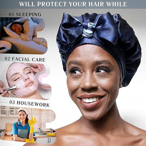 100% Mulberry Silk Bonnet for Sleeping Women, Handmade in USA 19 Momme Double Layer Reversible Silk Hair Wrap with Adjustable Ties, Non-Slip Sleep Cap for Curly & Natural Hair (Midnight)