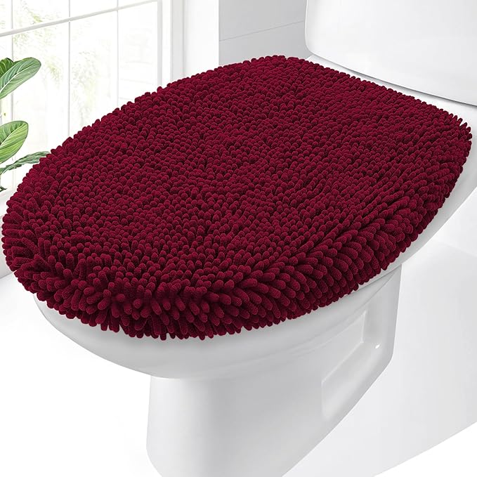 OLANLY Soft Chenille Bathroom Toilet Lid Cover, Machine Washable Seat Covers, 17.5x15, Stays in Place Rubber Backing, Fits Most Round, Elongated and Oblong Lids, Accessories Decor, Burgundy