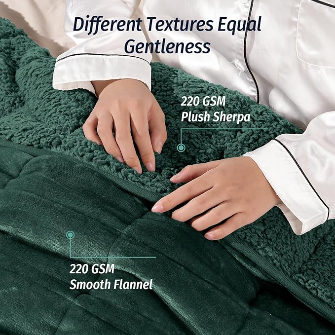 Wemore Sherpa Fleece Weighted Blanket for Adult, 15 lbs Dual Sided Cozy Fluffy Heavy Blanket, Ultra Fuzzy Throw Blanket with Soft Plush Flannel Top, 80 x 87 inches, Green on Both Sides