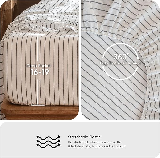 MooMee Striped Sheet Set 100% Washed Cotton Linen Like Textured Breathable Durable Soft Comfy (White Dark Grey Wide Stripes, Full)