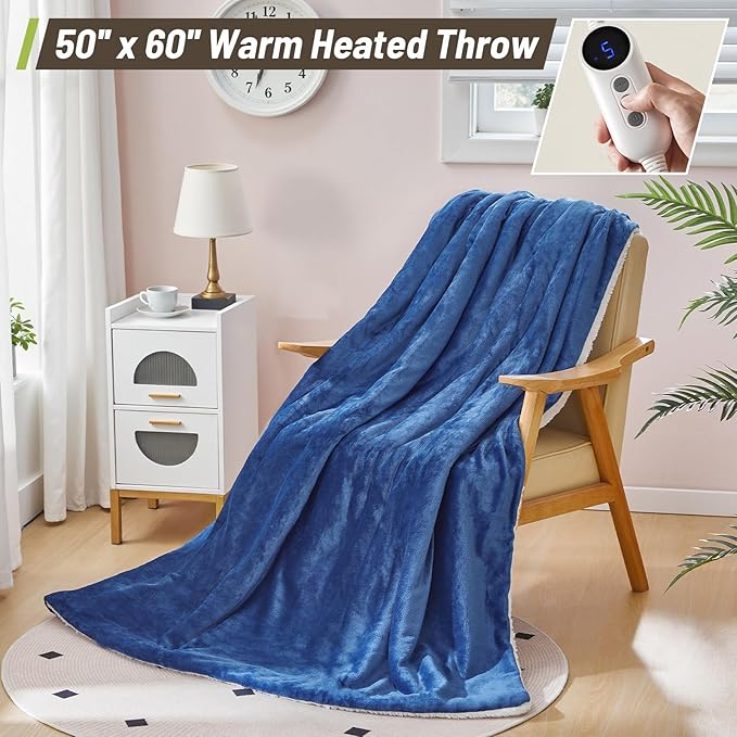 Electric Heated Blanket Throw 50"x60" - Soft Cozy Flannel & Sherpa Fabric Dual-Sided, 9 Heat Settings & 2-10 Hours Auto Off, Warming Heated Throw for Home Office, Machine Washable, Blue