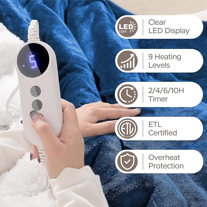 Electric Heated Blanket Throw 50"x60" - Soft Cozy Flannel & Sherpa Fabric Dual-Sided, 9 Heat Settings & 2-10 Hours Auto Off, Warming Heated Throw for Home Office, Machine Washable, Blue