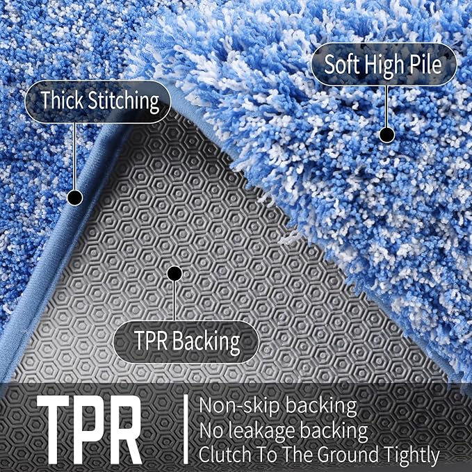 Yimobra Bathroom Rugs Non Slip Washable, Ultra Soft and Water Absorbent Bath Mats, Plush Fluffy Shower Mat Outside, Microfiber Thick Matts for Bathroom Floor/Sink, 24x17, Blue and White