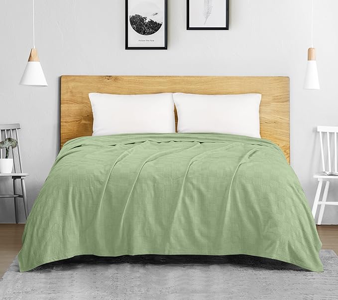 Utopia Bedding Sage Green 100% Cotton Blanket [Queen Size - 90x90 Inch] 350GSM Lightweight, Soft and Breathable Thermal Blanket for All Seasons