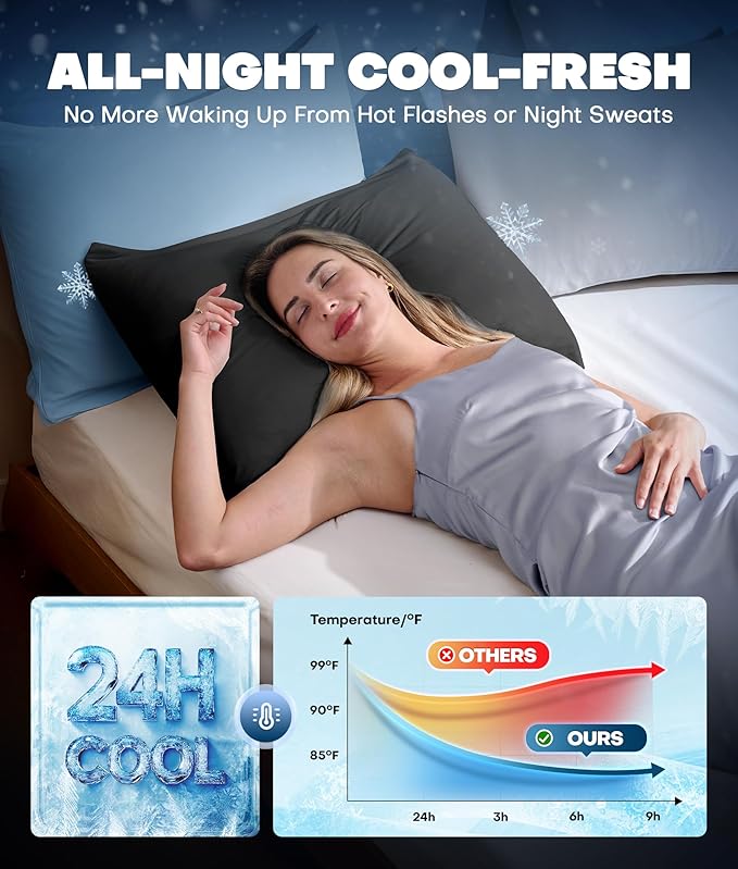 Ultra-Chill Cooling Pillowcase Set of 2 for Hot Sleepers, Softer Than Silk Pillow Cases for Protecting Hair & Skin, Breathable Bed Pillow Covers w/Zipper, Gifts for Women & Men (Black, Queen)