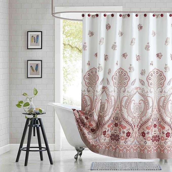 Long Shower Curtain 72x78 Inch - Water-Repellent Off-White Premium Fabric with Burgundy Terracotta Taupe Paisley Floral Design