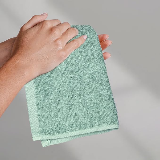Amazon Basics Washcloth for bathroom, 100% Cotton Extra Absorbent , Fast Drying - salon towels - 24-Pack Seafoam Green, 12 x 12 inches