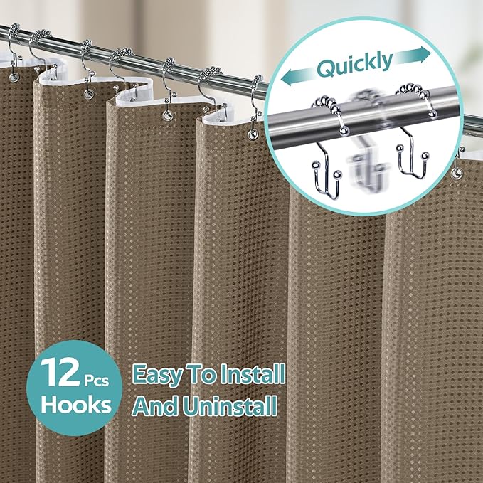 3 in 1 Shower Curtain Set, Waffle Shower Curtain and Liner Set with 12 Double Sided Shower Curtain Hooks, 258GSM Luxury Weighted Cloth Shower Curtains for Bathroom, 72 W x 84 H, Beige