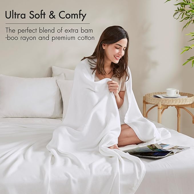 Madison Park King Size Blanket, 70% Rayon Bamboo-Based, 30% Cotton, Breathable for Hot Sleepers Menopause, Ultra Soft and Snag-Resistant, Summer Blanket for Bed or Couch, King 108"x90", White