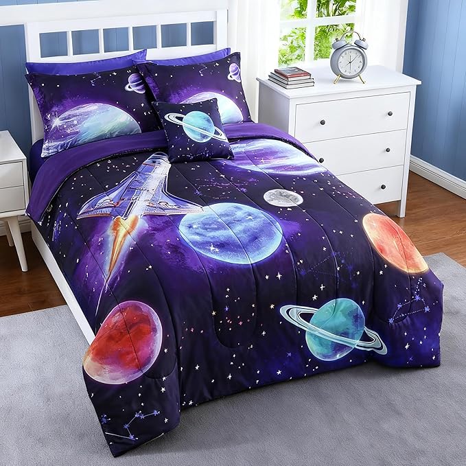 Kids Comforter Set Twin Size for Boys, Rocket Bedding Sets, 3 Pieces Bed in A Bag with 1 Comforter, 1 Decor Pillow, 1 Pillow Sham