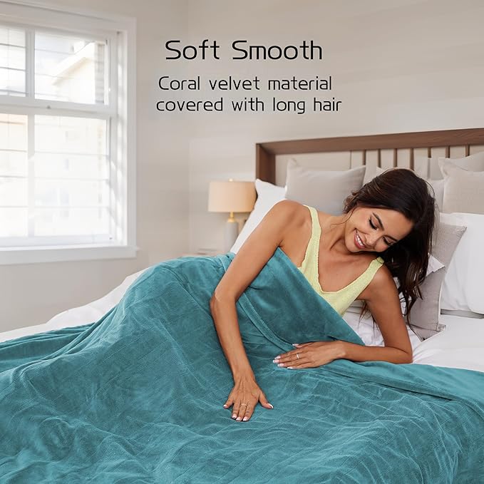 Electric Heated Blanket 84"x90" Queen Size, Soft Coral Fleece, Dual Controllers with 4 Heating Levels and 10 Hours Auto-Off, Machine Washable, Cozy Plush Fabric for Home, Teal