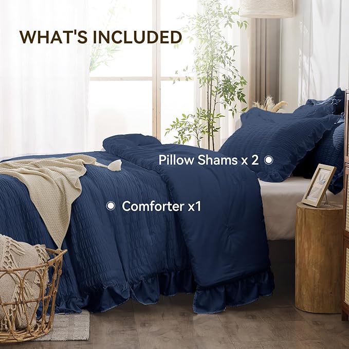 JOLLYVOGUE Navy Blue Queen Comforter Set, 3 Pieces Seersucker Comforters Queen Size, Lightweight & Fluffy Bedding Sets Queen for All Season with 1 Ruffle Comforter and 2 Ruffle Pillowshams
