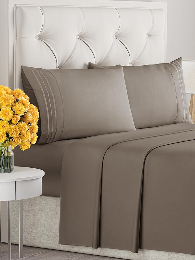 Queen Size 4 Piece Sheet Set - Extra Soft, Breathable & Cooling Sheets - Hotel Luxury Durable Bed Sheets for Women & Men - Deep Pockets, Easy-Fit & Wrinkle-Free Sheets - Dark Taupe Oeko-Tex Bed Sheets