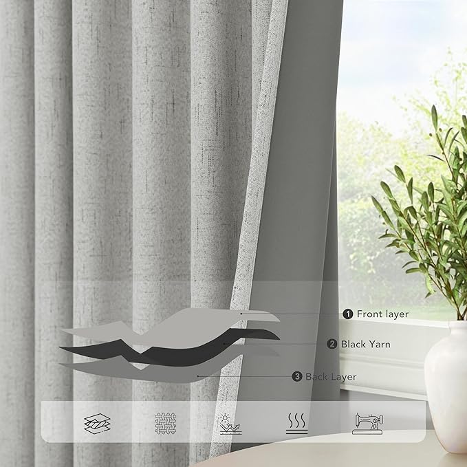 Pitalk 54 Inch Curtains 2 Panel Set 100% Blackout Linen Textured Room Darkening Thermal Insulating Curtain for Bedroom Winter Summer Heat Blocking Draft Kitchen Bathroom 54 Inches Long Light Grey Gray