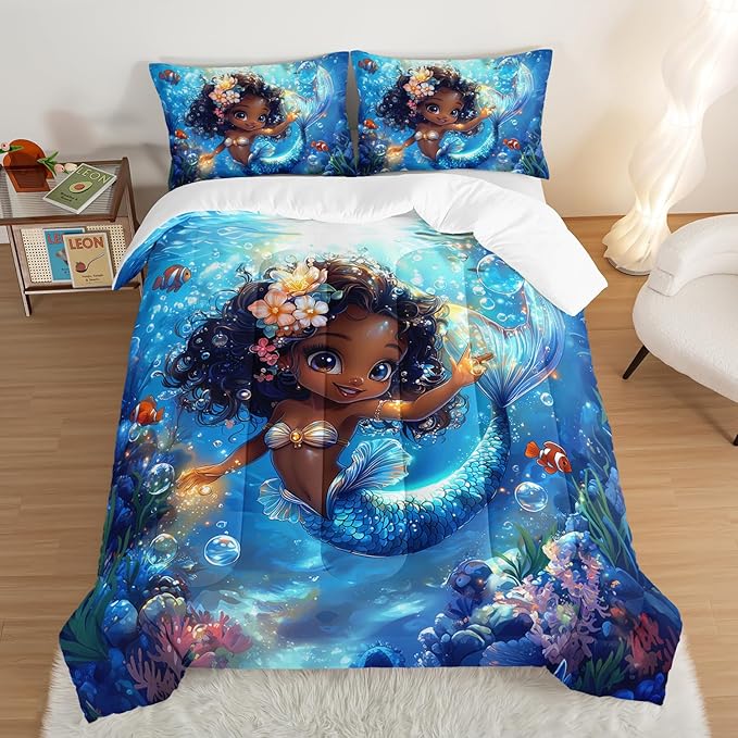 Black Little Mermaid Pattern Full Comforter Set,Underwater World Ocean Themed Bedding Sets for Kids Toddlers Girls Boys Room Decor,Princess Bedding with 2 Pillowcases.