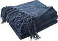 CozeCube Chenille Throw Blanket for Couch, Cozy Plush Fuzzy Decorative Navy Blue Blanket with Fringe Tassels, Lightweight Throws for Bed Sofa Gift Home Decor, 50"X60"