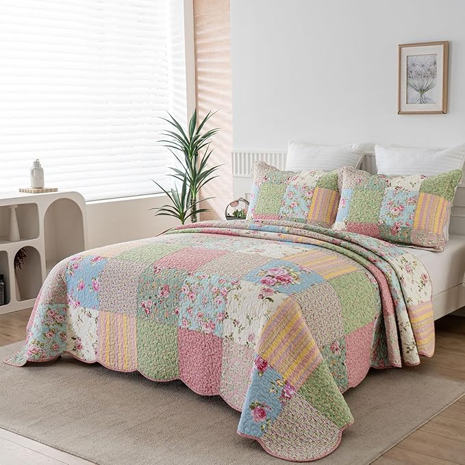YAYIDAY Quilts Queen Size Patchwork Bedspread Set - 100% Cotton Reversible Breathable Floral Quilted Quilt with Pillow Shams Fit All Season